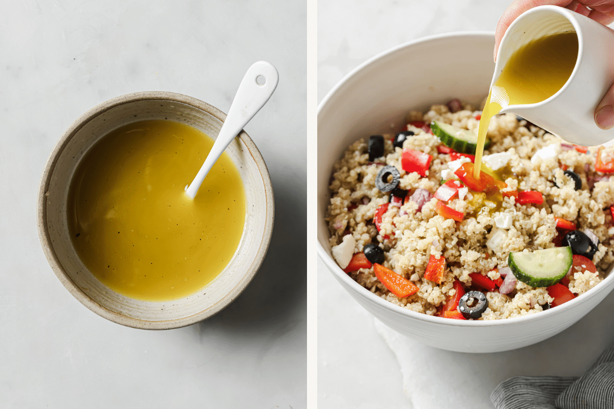 Left: salad dressing in a bowl. Right: Greek quinoa salad with dressing added.