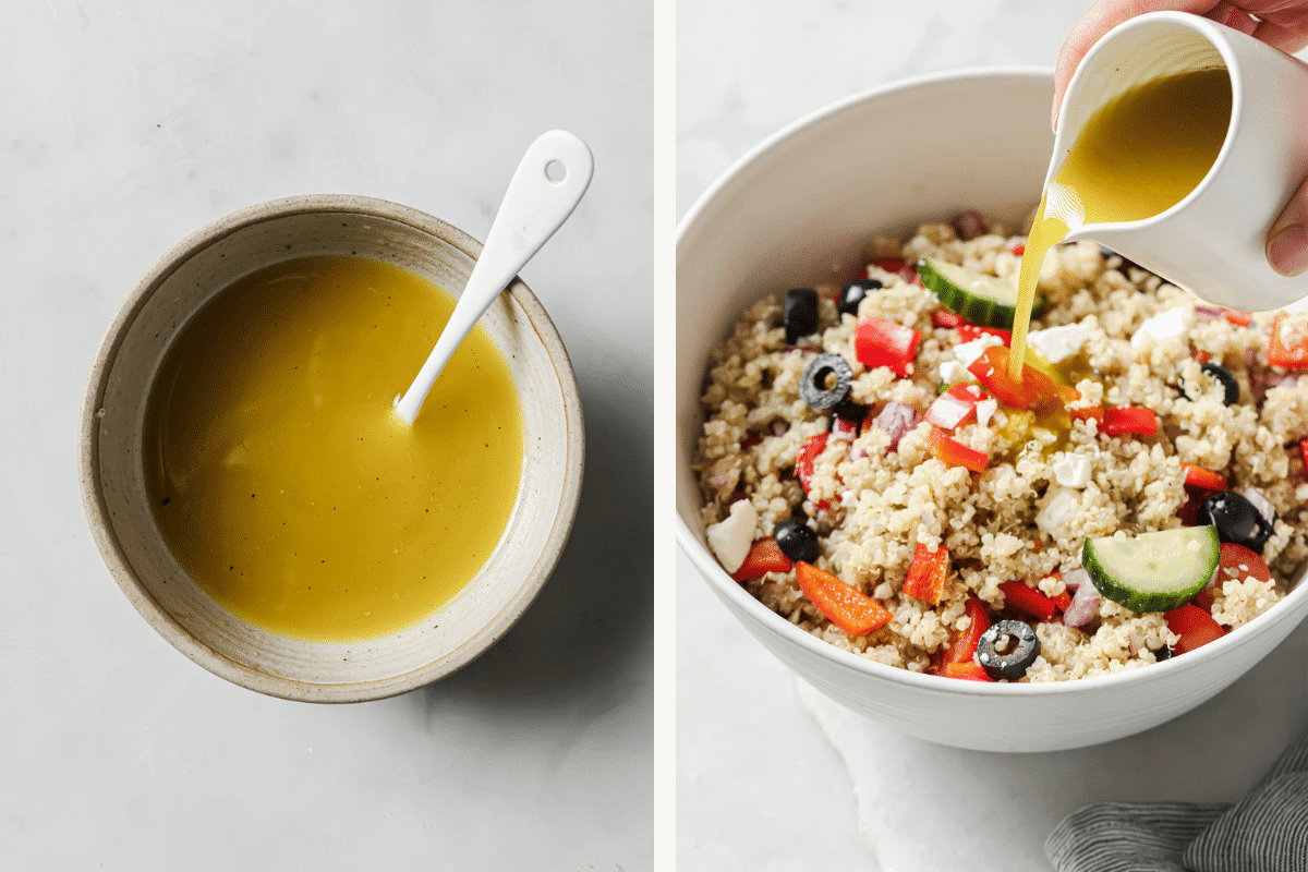 Left: salad dressing in a bowl. Right: Greek quinoa salad with dressing added.