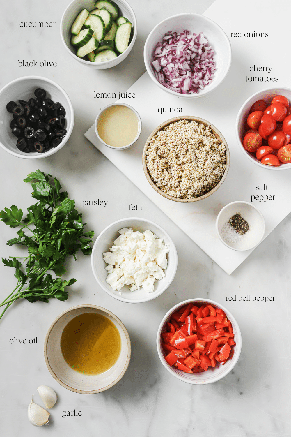 Pre-measured ingredients in small bowls. 