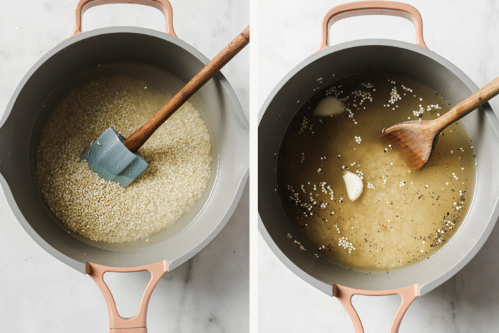 Left: quinoa and broth in a bowl. Right: garlic, salt, and pepper added. 