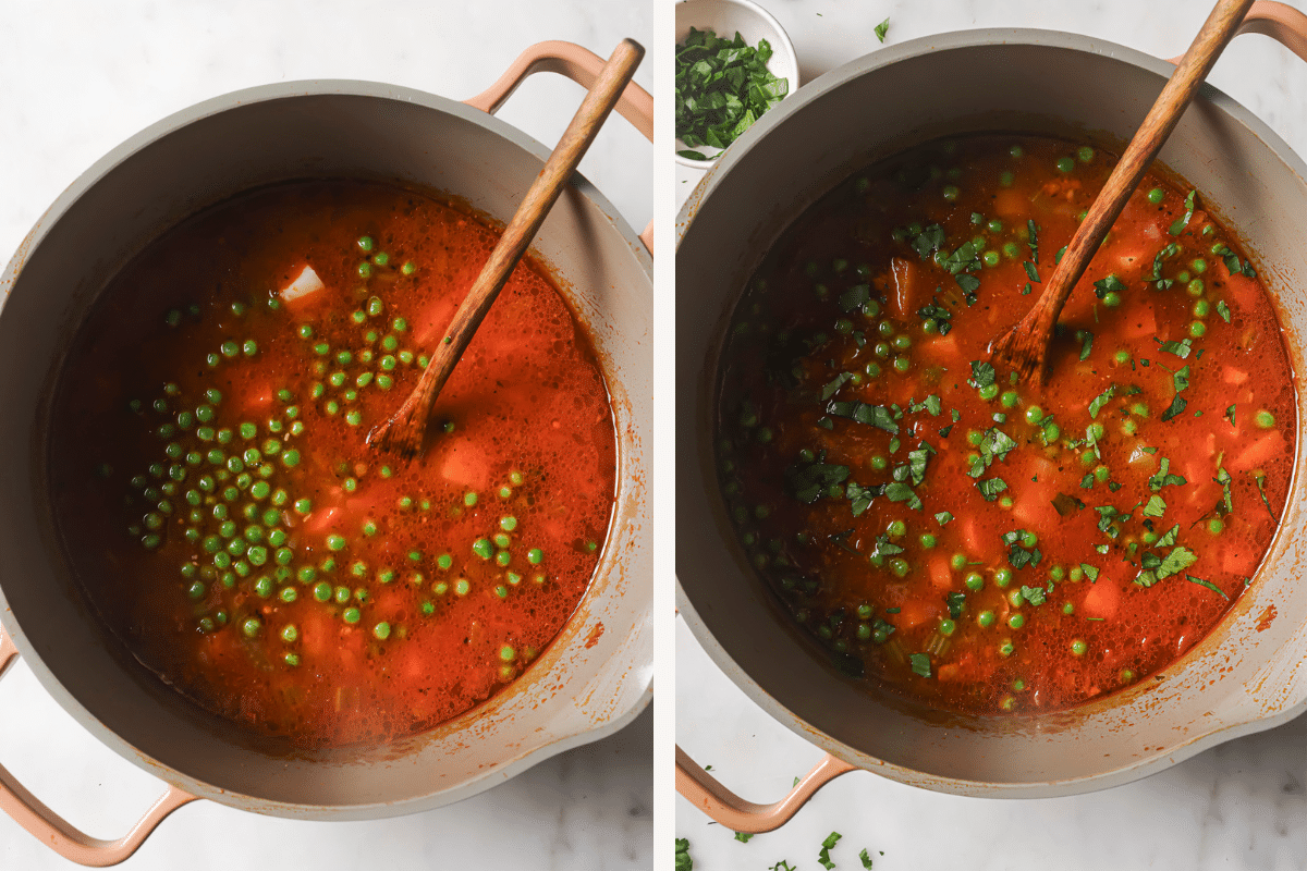 Left: Frozen peas added to the soup. Right: parsley sprinkled on top. 