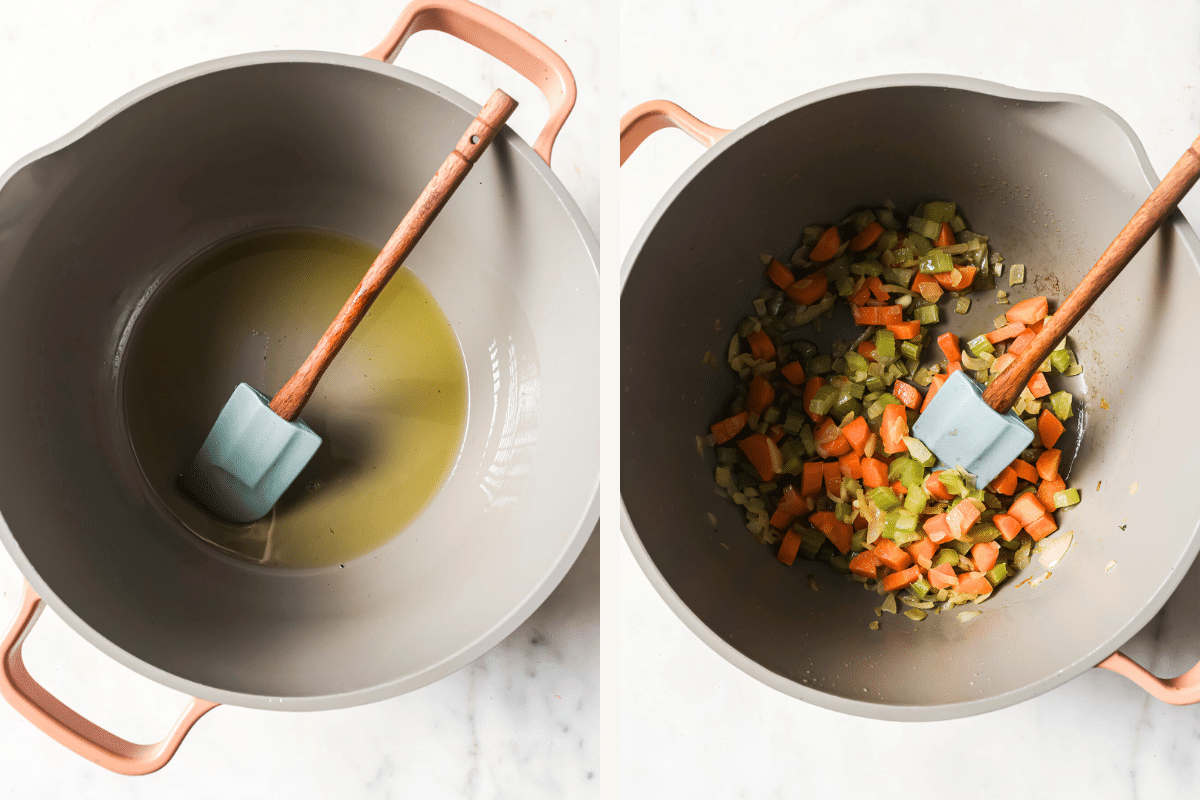 Left: olive oil in a pot. Right: mirepoix cooking in the pot.