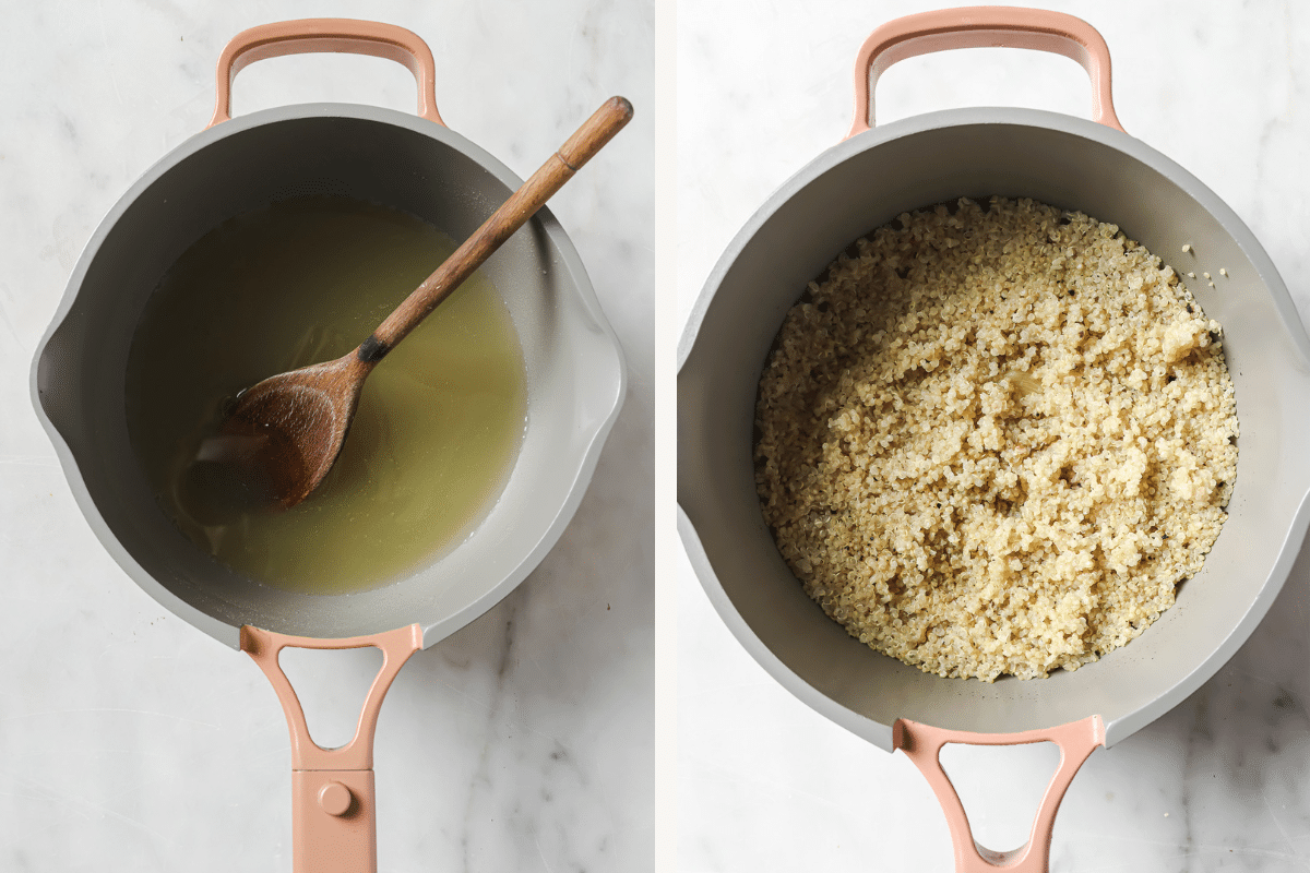 Left: broth and a wooden spoon in a pot. Right: cooked quinoa in a pot.