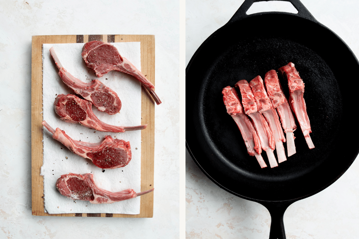 left: raw lamb chops on a wooden board seasoned with salt and black pepper. right: raw lamb chops seared on the sides in a pan to render the fat.