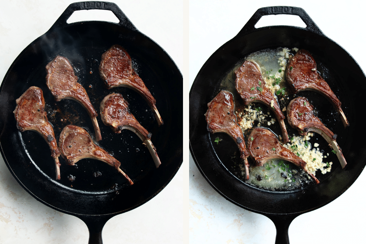 left: seared lamb chops in a cast iron skillet. right: lamb chops in a garlic butter sauce in a cast iron skillet. 