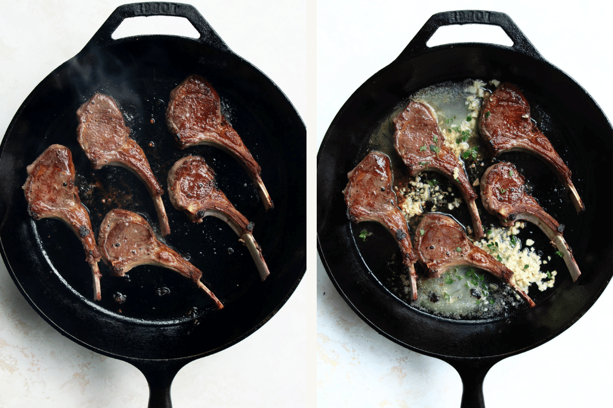 left: seared lamb chops in a cast iron skillet. right: lamb chops in a garlic butter sauce in a cast iron skillet.