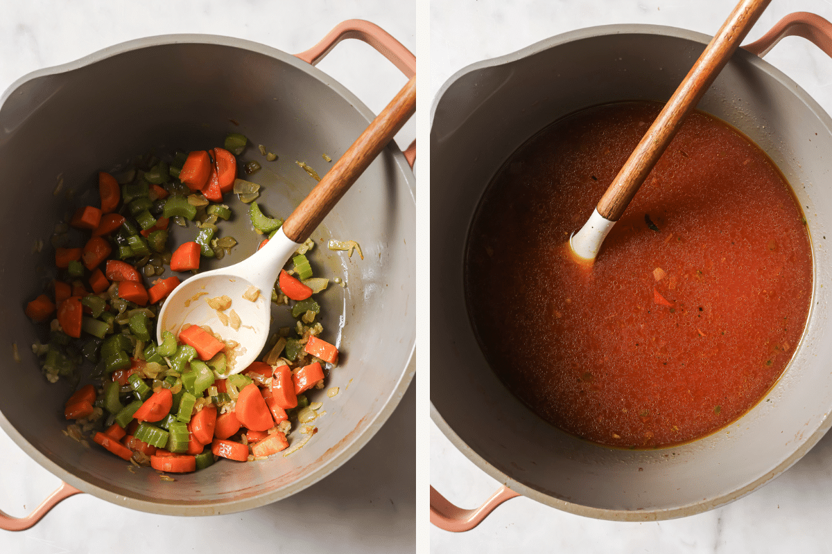 Left: vegetables sautéing in a Dutch oven. Right: tomatoes and broth added. 