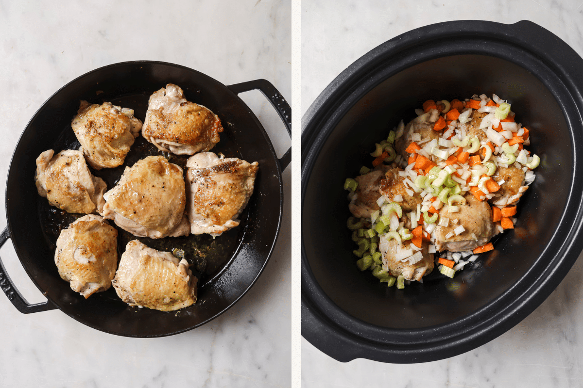 Left: Chicken searing in a skillet. Right: Chicken and mirepoix in the slow cooker.