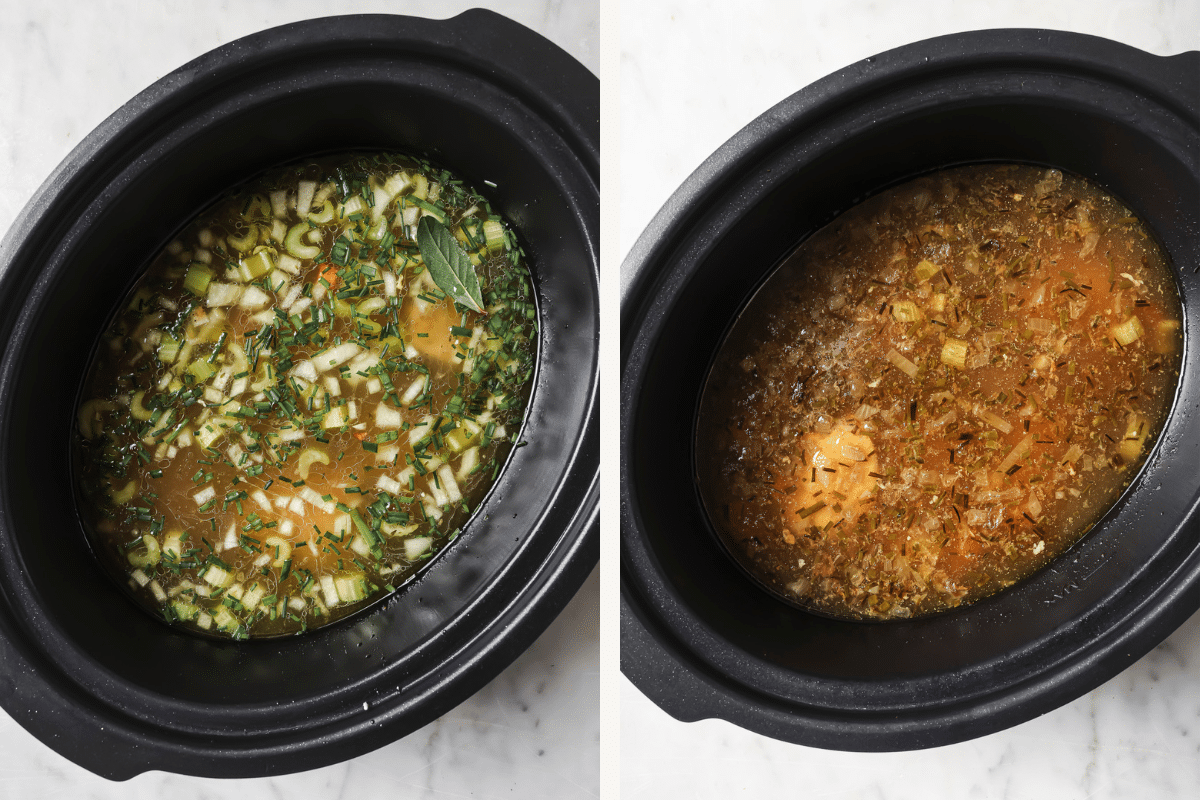 Left: Broth and herbs added. Right: Same ingredients once they've cooked.  