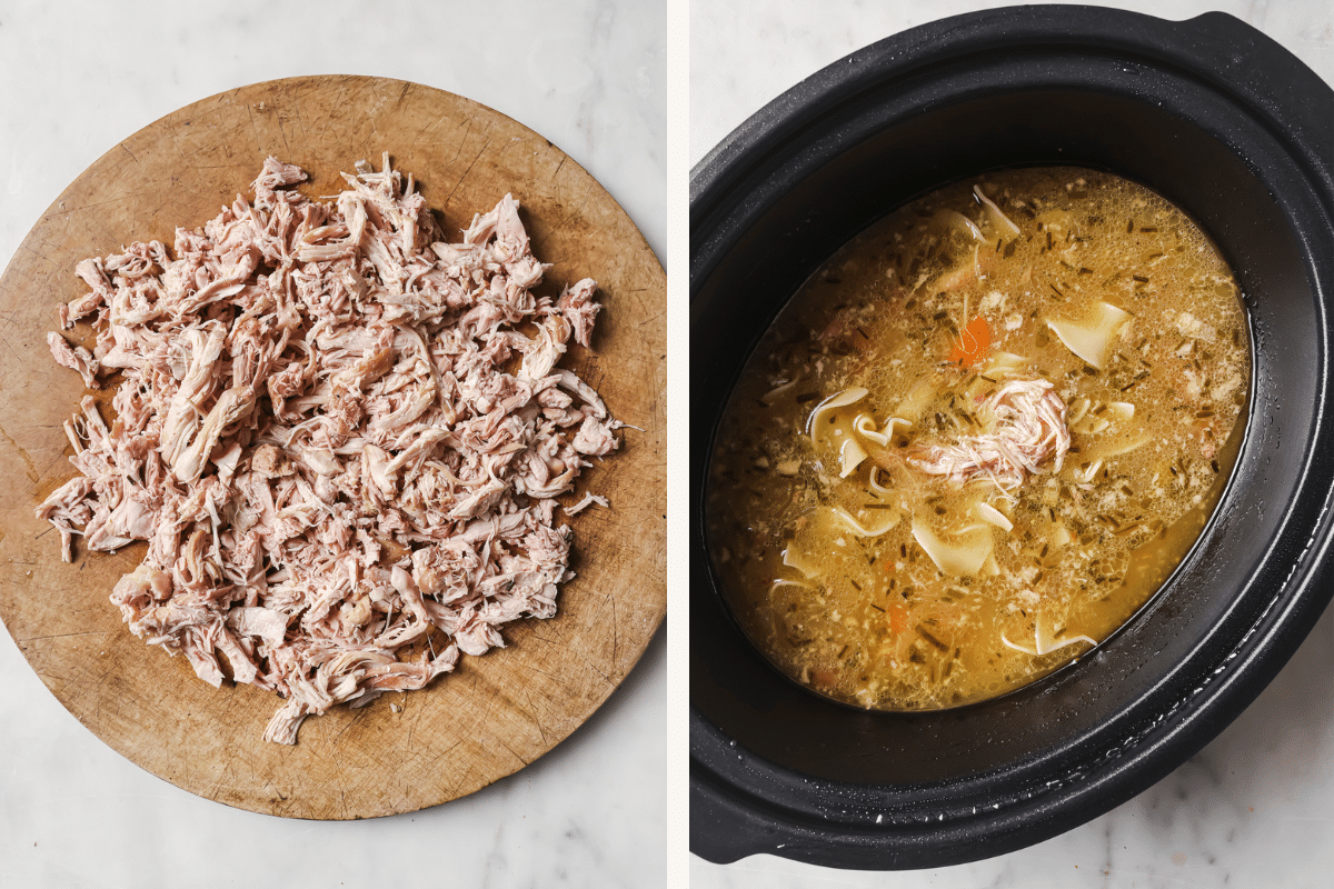 Left: A cutting board with shredded chicken. Right: Chicken added to the slow cooker. 
