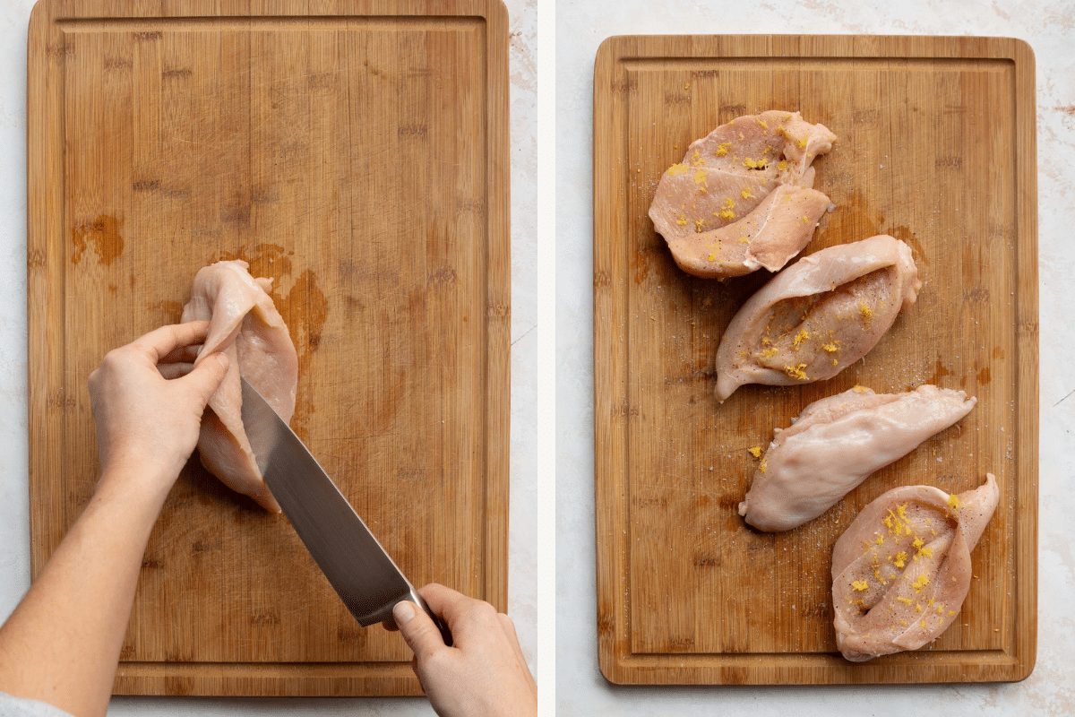 chicken breast on a cutting board. The chicken breast is cut horizontally into two even pieces and seasoned with salt and pepper and lemon zest. 