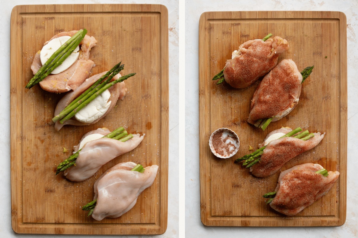 overhead view of asparagus stuffed chicken breast on top of a cutting board