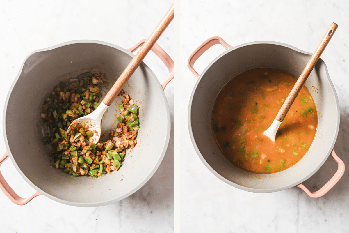 Left: Seasonings added to the pot. Right: Broth and pureed beans added. 
