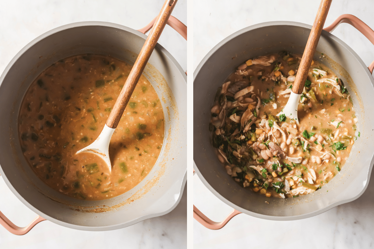 Left: Soup after it has simmered. Right: Rotisserie chicken, beans, and corn added.  