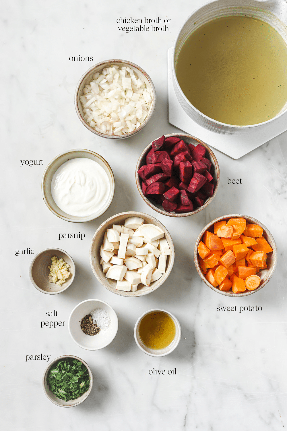Pre-measured ingredients in small bowls. 