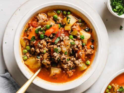 Ground Turkey Soup in a white bowl