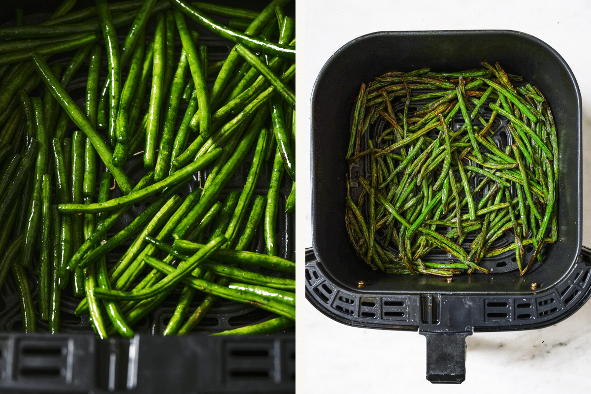 Left: cleaned and trimmed green beans. Right: cooked green beans in the air fryer.