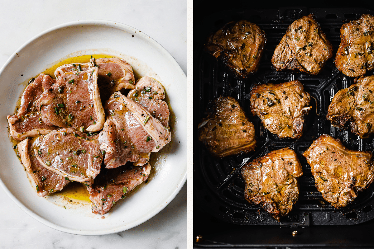 Left: seasoned lamb chops in a bowl. Right: lamb chops in the air fryer.
