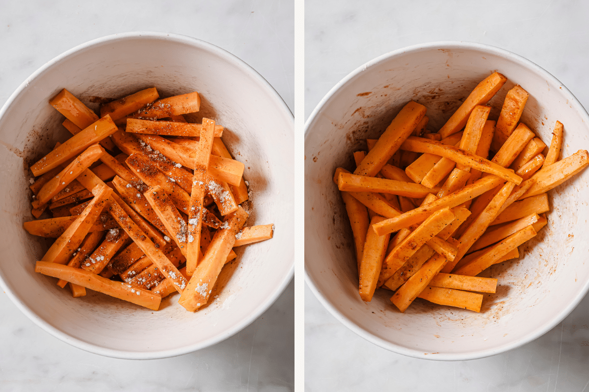 Left: Sweet potato sticks in a bowl with seasoning. Right: sticks and seasoning tossed together. 