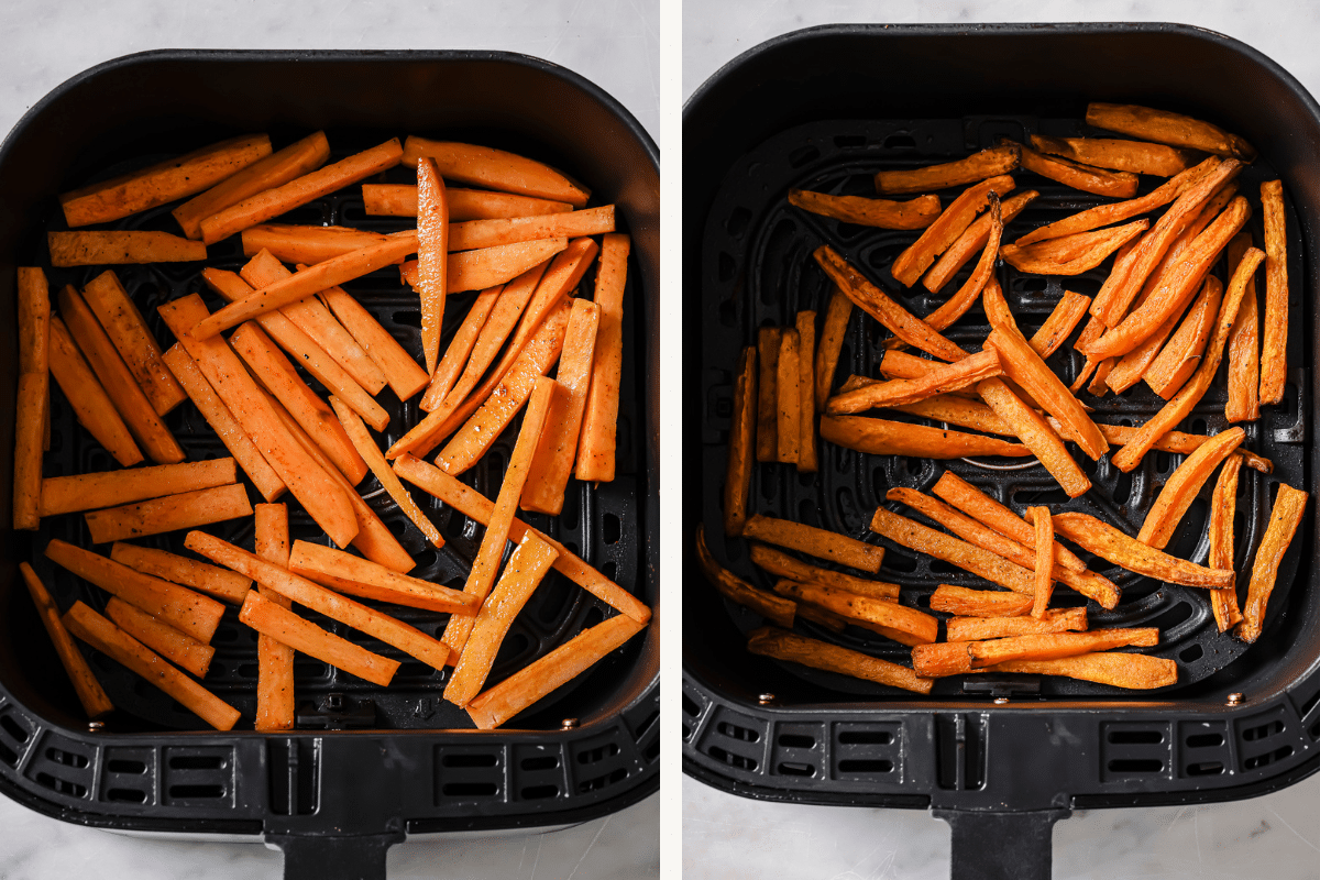Left: sweet potato sticks in air fryer basket. Right: cooked fries in the same basket. 