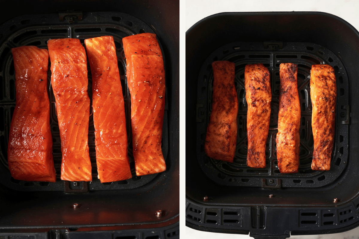 Left: trout fillets in the air fryer. Right: fillets once they've cooked. 