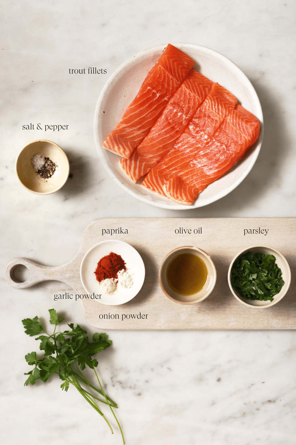 Pre-measured ingredients in small bowls. 