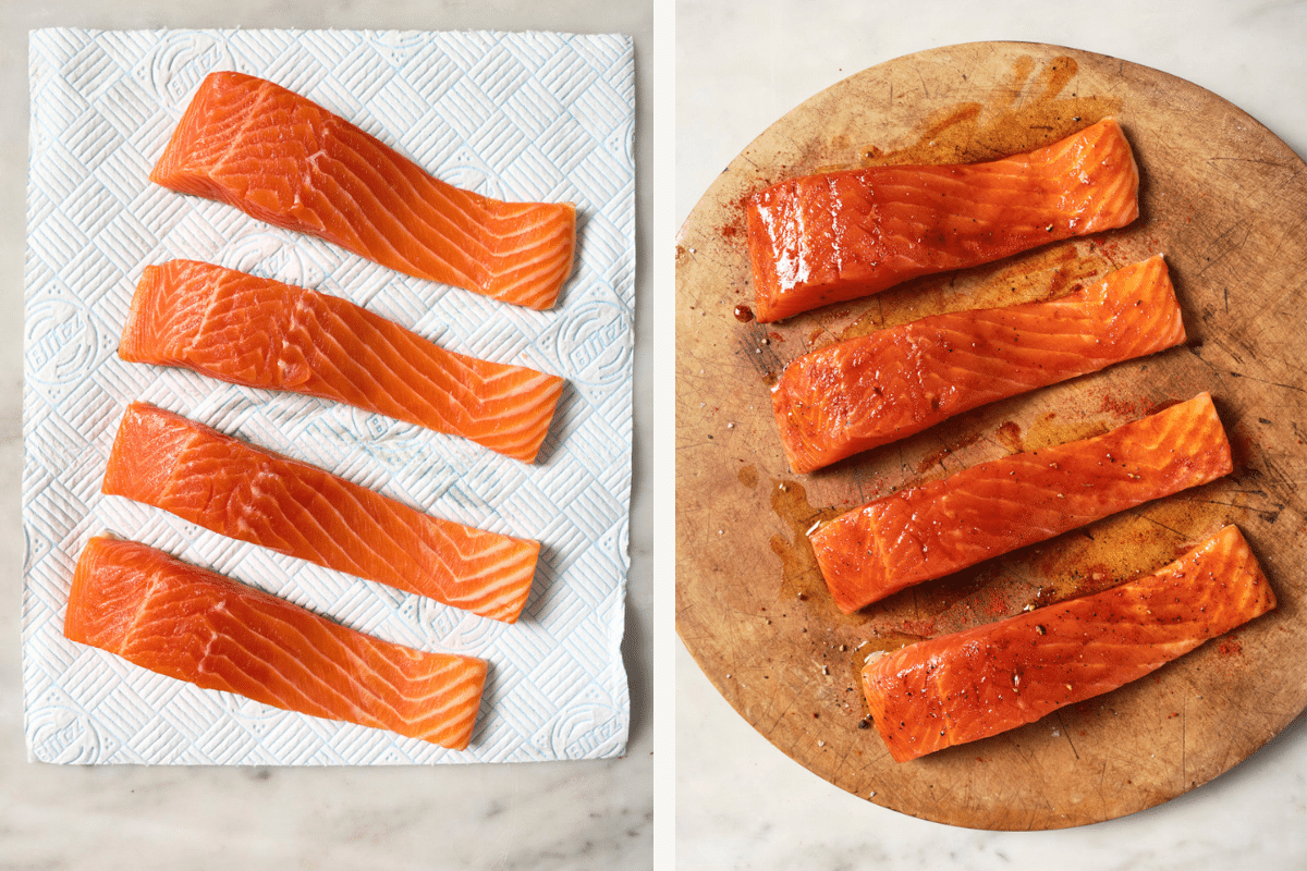 Left: uncooked trout fillets. Right: seasoned fillets. 
