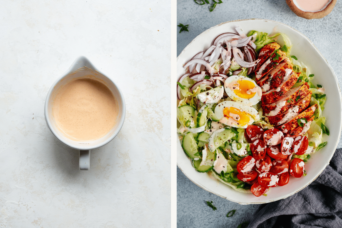 left: dressing in a bowl. right: chicken salad with the dressing on top. 