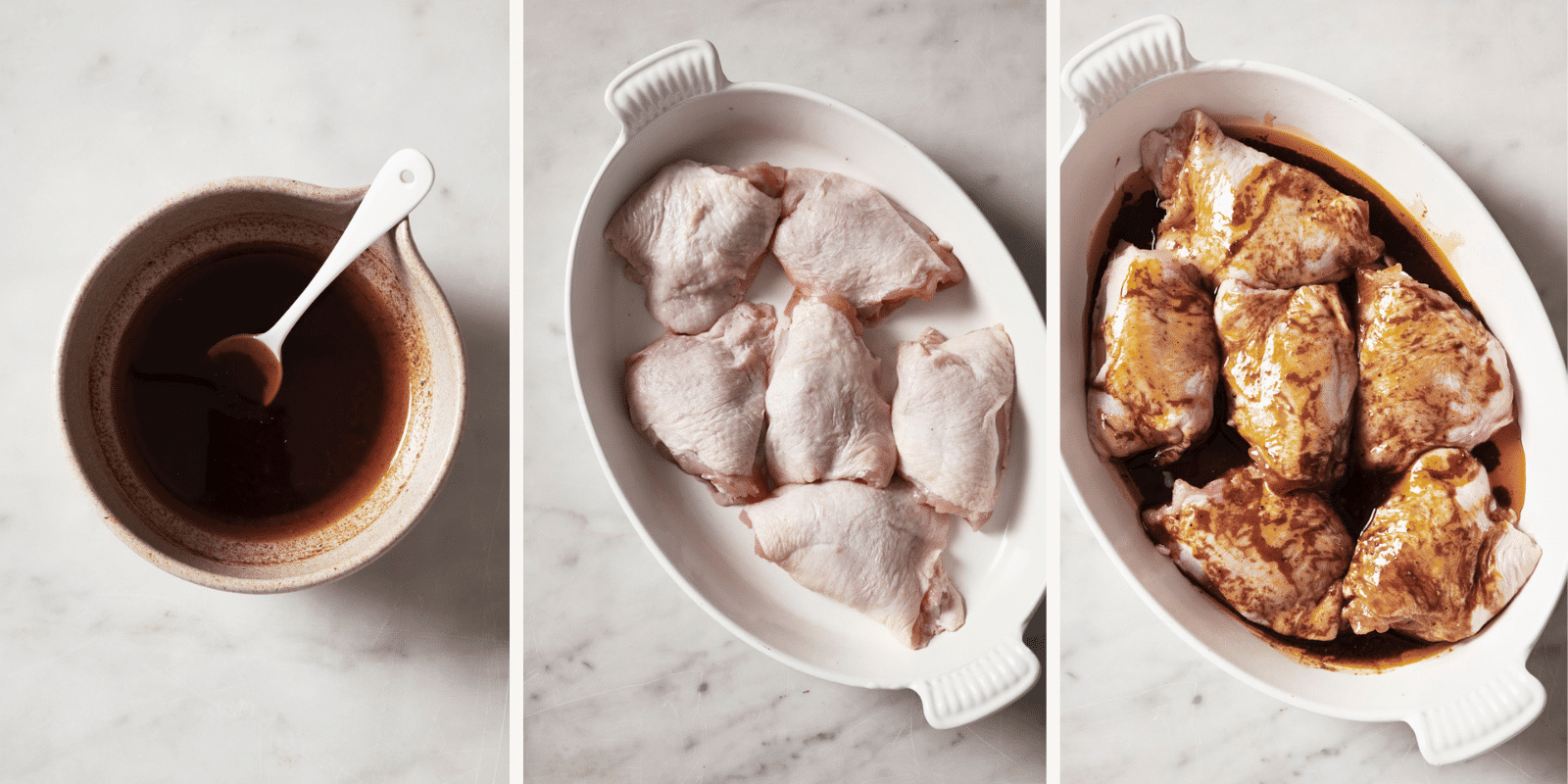 Left: marinade in a bowl. Center: chicken thighs in a baking dish. Right: marinade added.