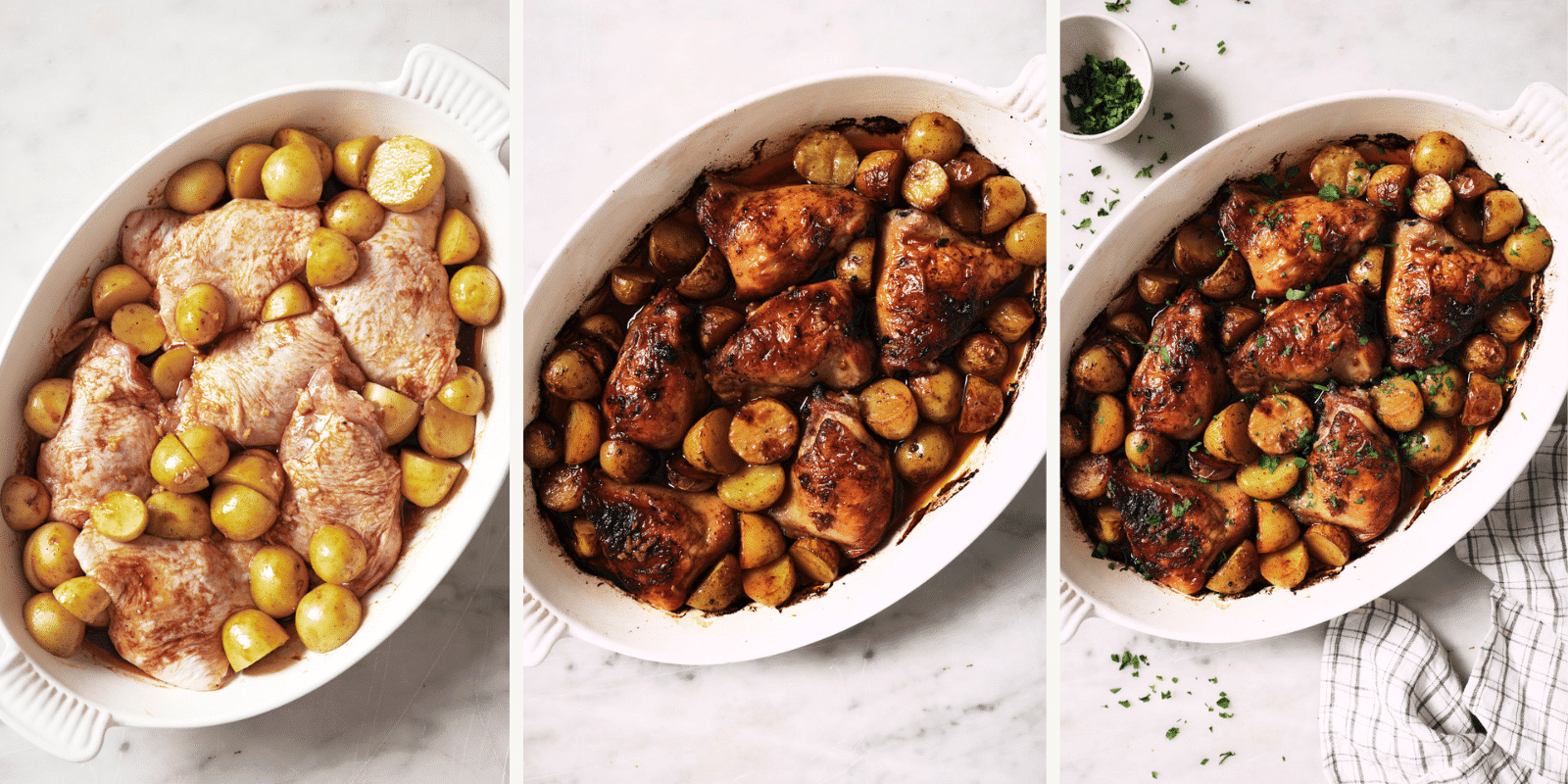 Left: potatoes added to the baking dish. Center: cooked chicken and potatoes. Right: parsley added.