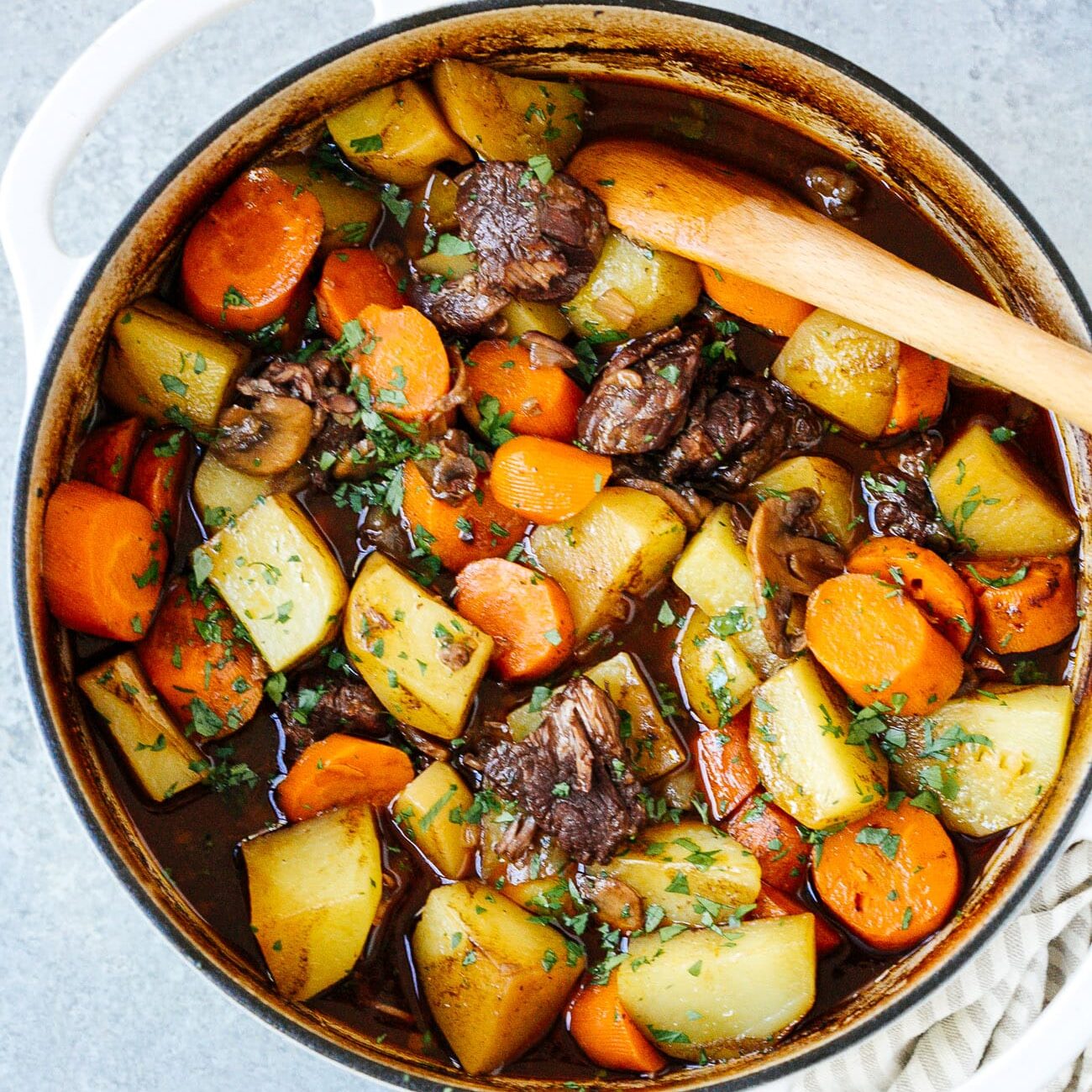 Overhead view of beef stew.