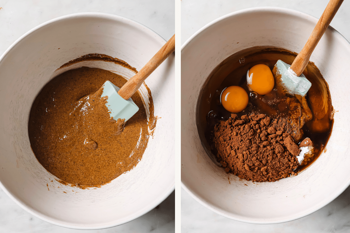 Left: almond butter in a bowl. Right: remaining ingredients added, besides chocolate chips. 