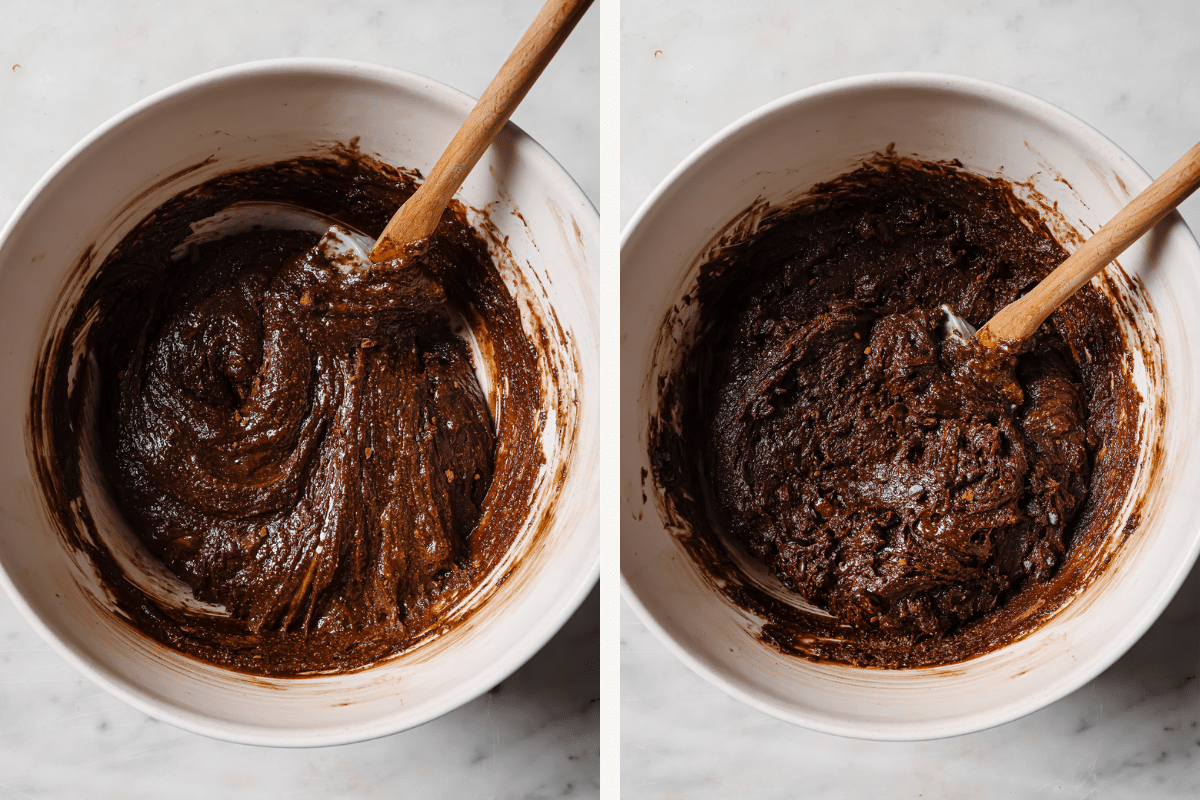 Left: mixed brownie batter. Right: chocolate chips added. 