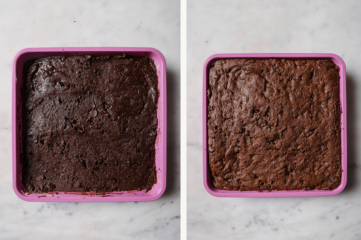 Left: brownie batter in a baking pan. Right: brownies after they've baked.
