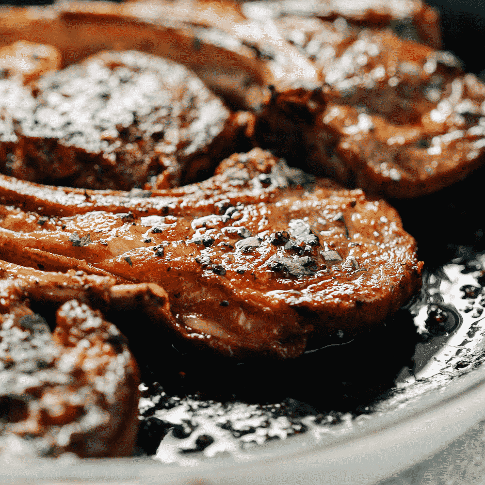 A close up of lamb chops in a skillet. One of my favorite date night dinner ideas.