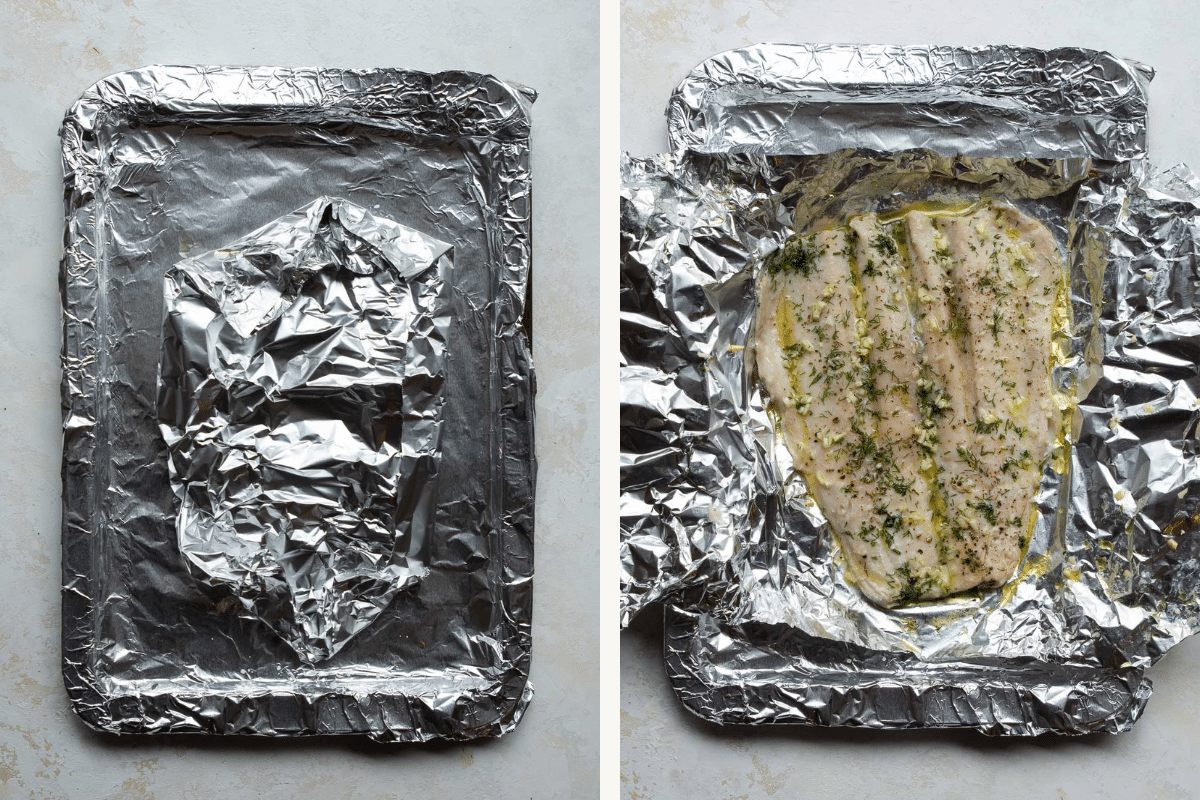 Left: trout wrapped in aluminum foil. Right: cooked trout in aluminum foil. 
