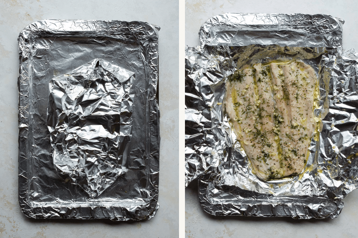 Left: trout wrapped in aluminum foil. Right: cooked trout in aluminum foil.