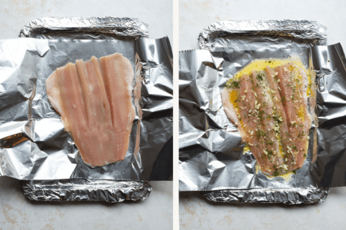 Two side-by-side images of a Rainbow Trout Recipe: the left shows a plain raw fillet on foil, while the right displays the fillet topped with oil, herbs, and seasonings, ready for cooking.