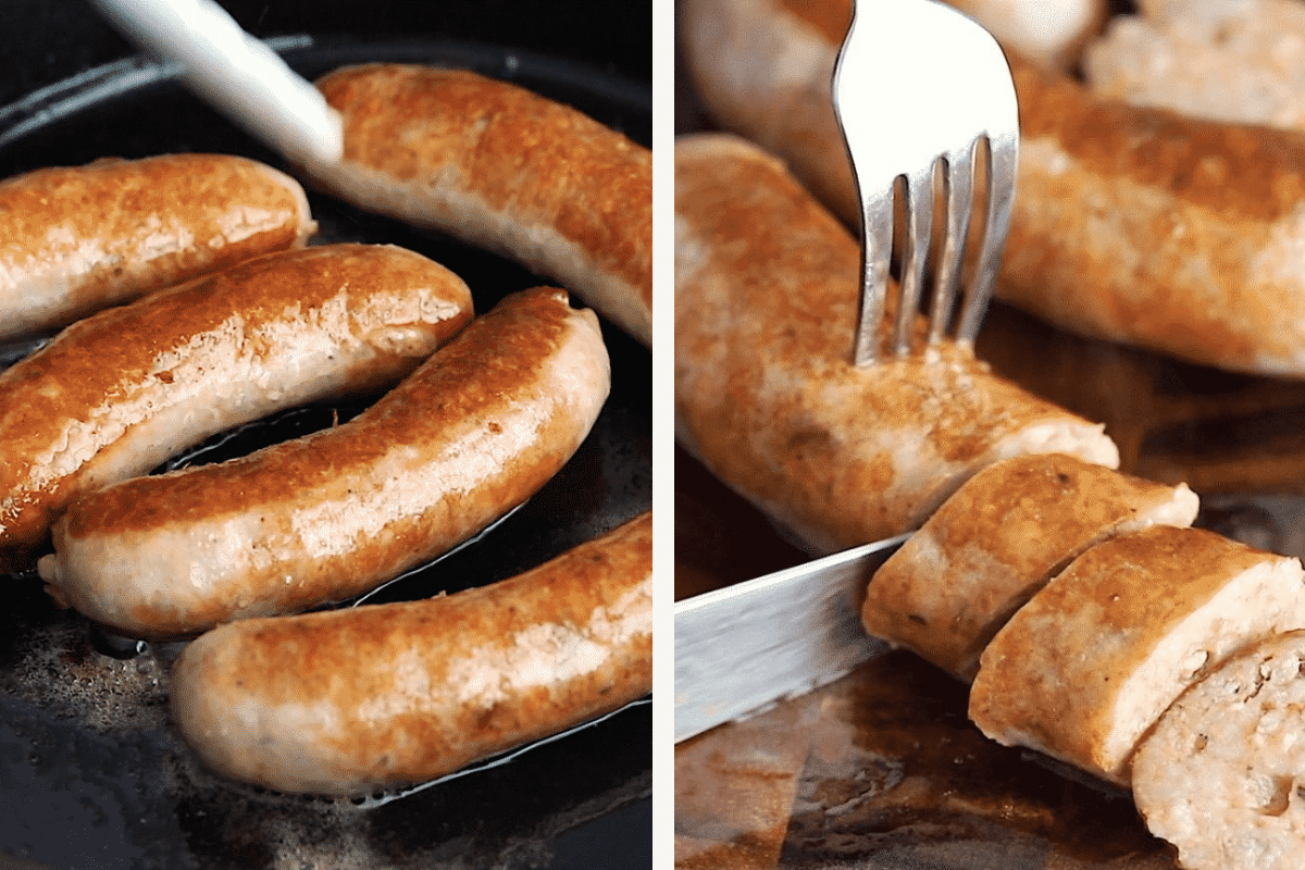 close up view of Italian sausage in a skillet. 