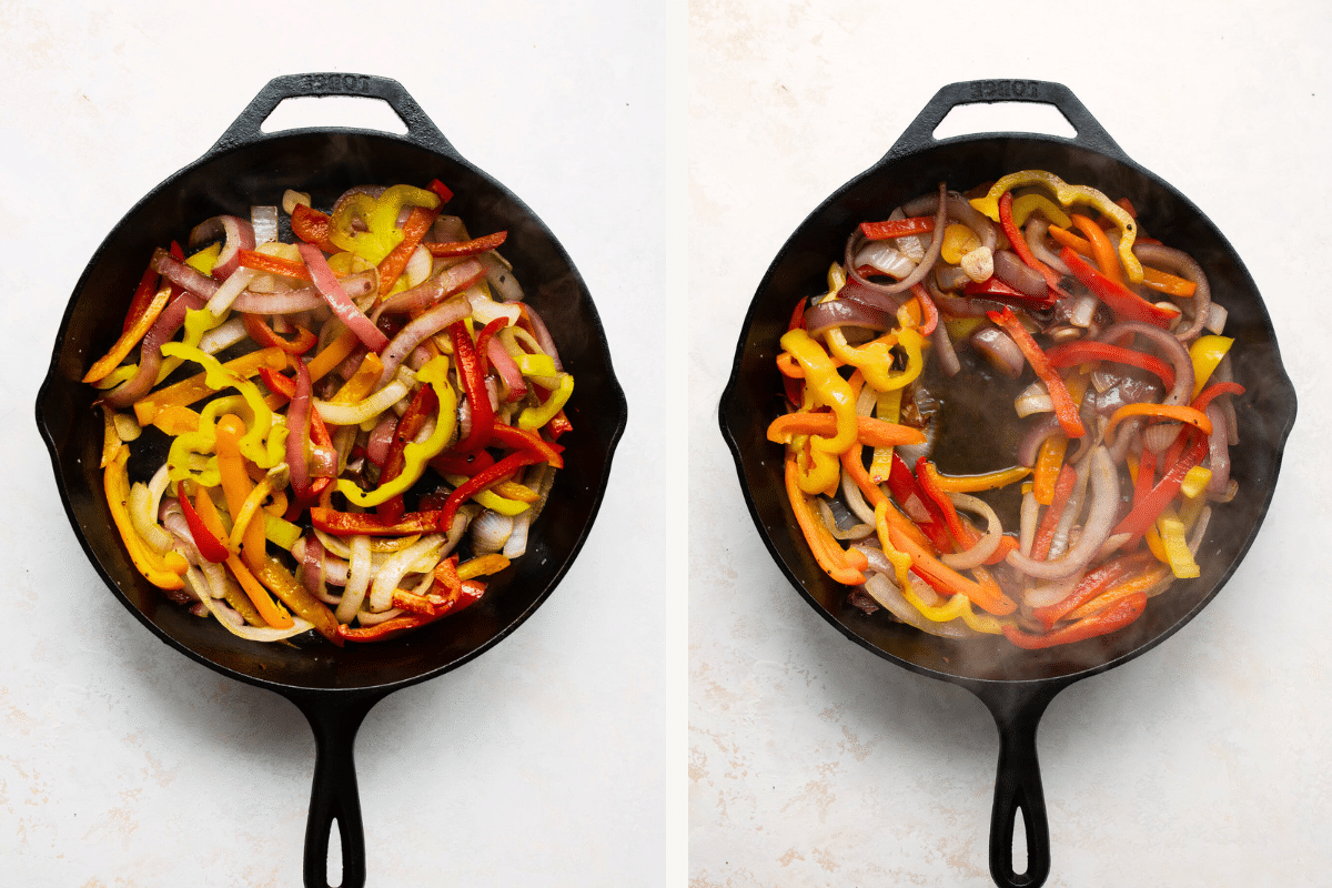 overhead view of bell pepper and onions in a cast iron skillet. 