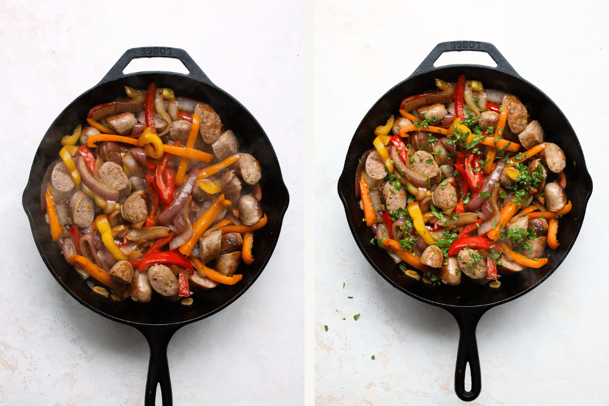 bell pepper and sausage in a cast iron skillet