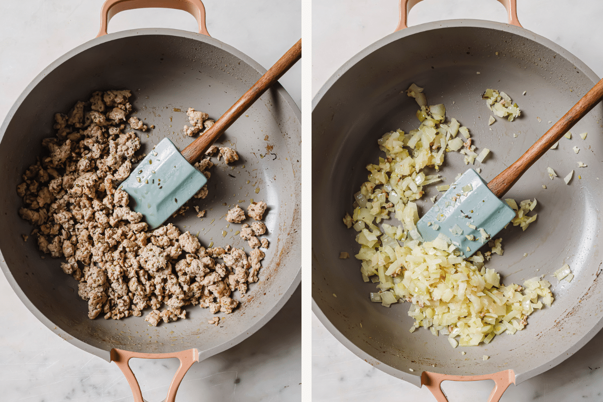 Left: sausage cooking in a skillet. Right: onions and garlic cooking in a skillet.