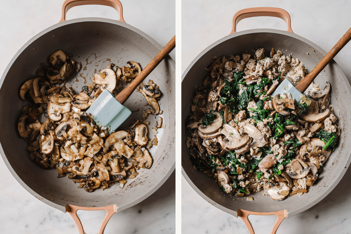 Left: mushrooms added to the skillet. Right: sausage and spinach added to the skillet. 