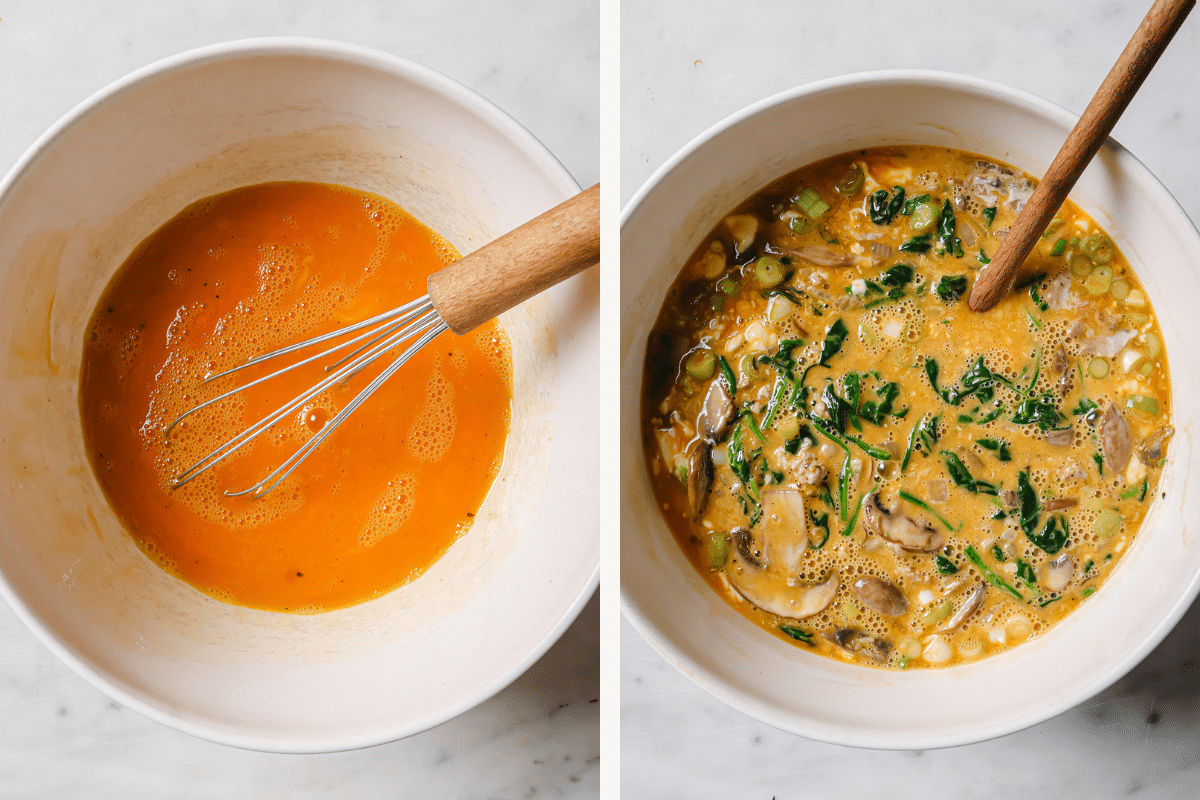 Left: eggs whisked in a bowl. Right: filling ingredients added to the eggs. 