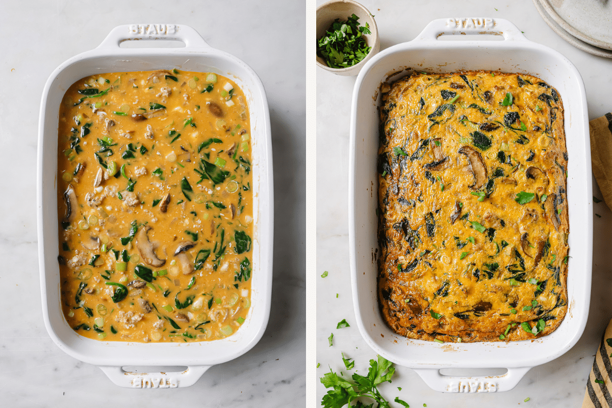 Left: egg mixture in a white baking dish. Right: cooked frittata in a white baking dish.