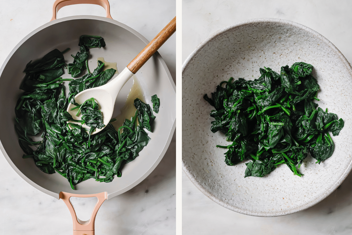 Left: cooked spinach in a skillet. Right: cooked spinach in a bowl. 