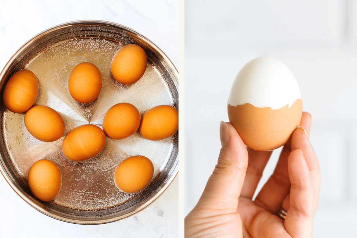 Left: egg in a boiling water. Right: a hand holding a peeled egg. 