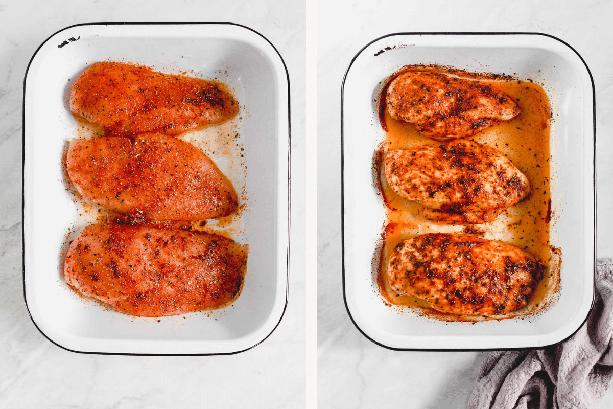 Left: seasoned chicken breast in a white baking sheet. Right: baked chicken breast in a white baking sheet. 