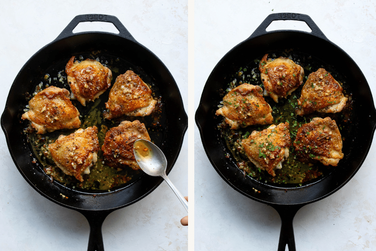 overhead view of Chicken Thighs with crispy skin in a cast iron skillet 