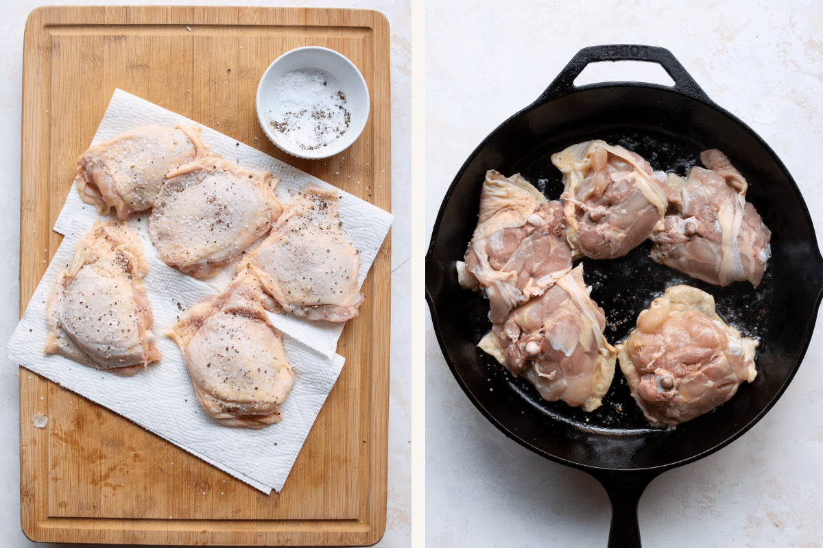 left: raw chicken thighs seasoned with salt and pepper. Right: seasoned raw chicken thighs in a cast iron skillet. 